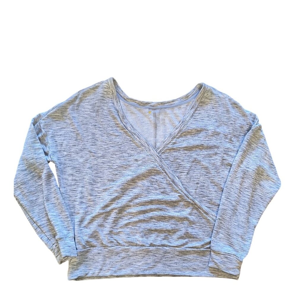 Grey Heathered Long Sleeve V-Neck Crossover Pullover Sweatshirt Relaxed Fit Acel